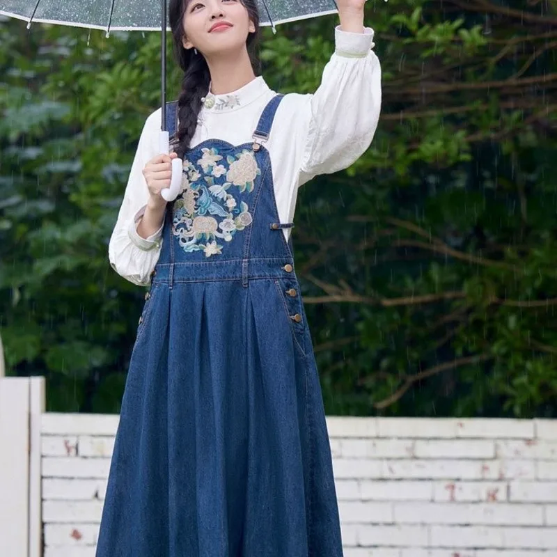 Robe en jean brodée florale de Style National pour femmes, nouvelle robe décontractée sans manches, automne 2025