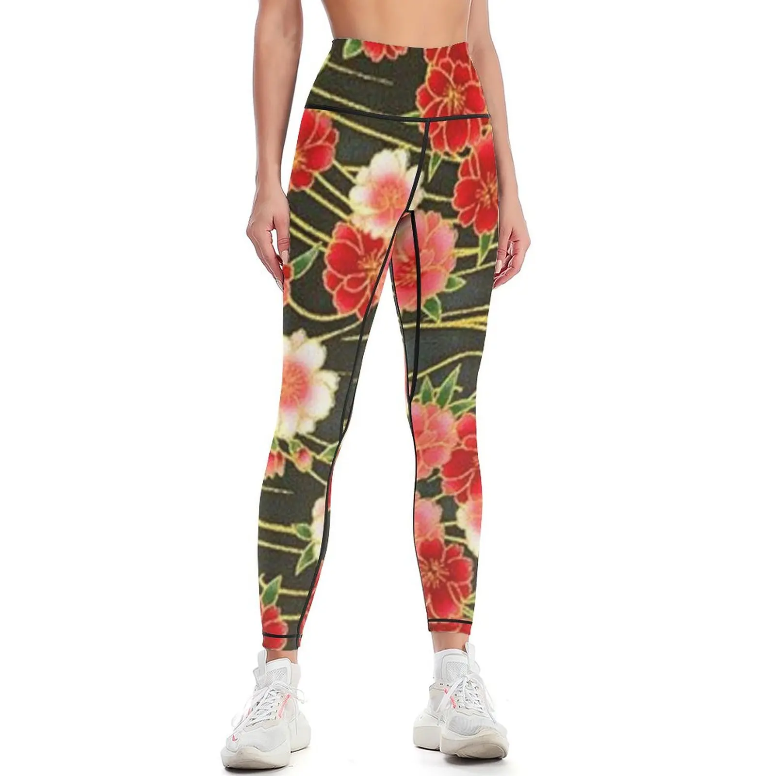 

Traditional Japanese Kimono Cherry Blossom Japanese Sakura Flowers Pattern | Red and White Leggings