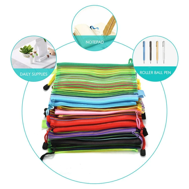 A6 Zipper Mesh Pouch, Colorful Pencil Pen Bag Document Bag Storage Pouch For Travel Makeup, Offices Supplies(28 Pieces)