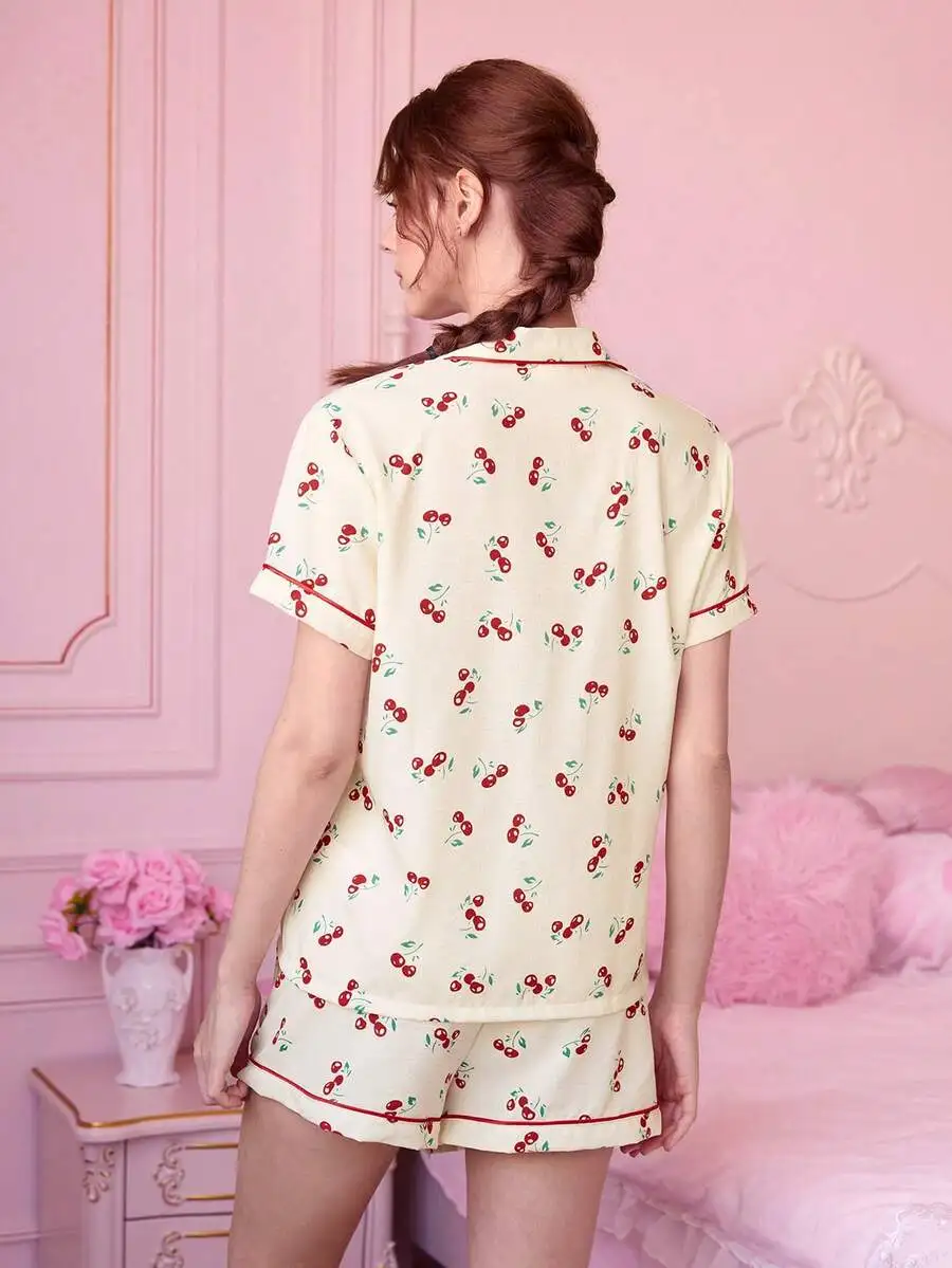 

Womens Cherry Print Short Sleeve Button Down Pajama Set Summer Loungewear