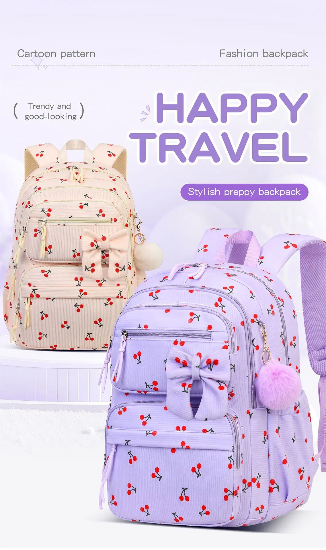 2026 Corduroy 3Pcs Backpack Set Cherry Print Large‑Capacity Lightweight School Bag Casual Student Backpack Daily Travel Mochilas