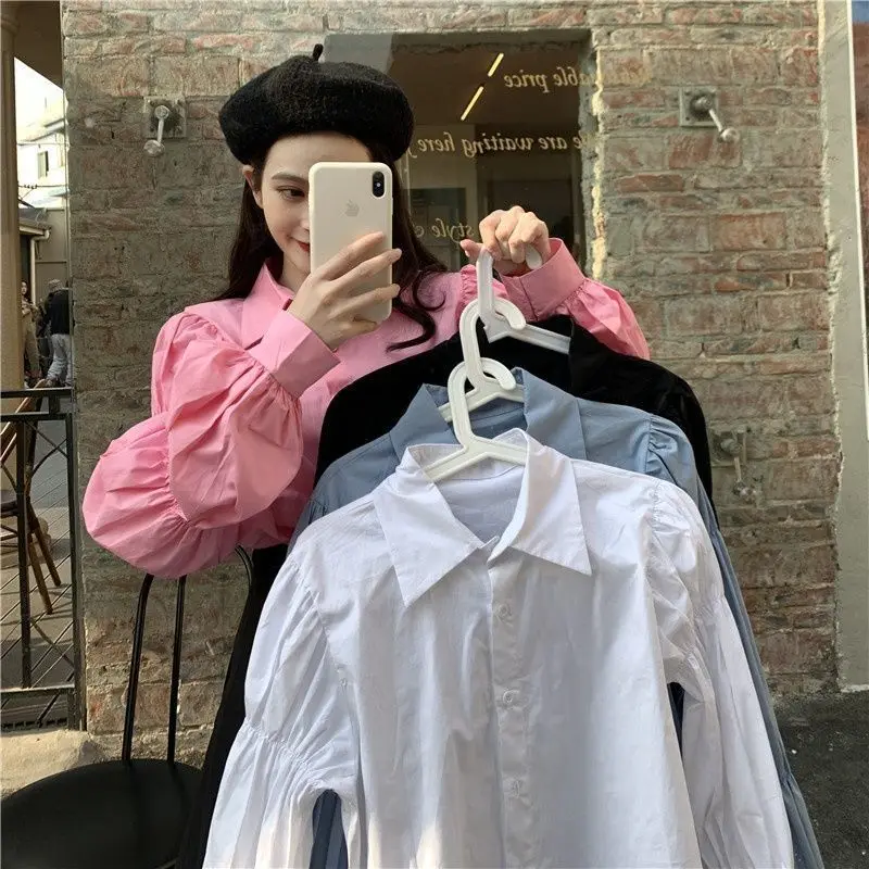 

Women's Spring and Autumn 2021 New Korean Style Loose Shirt Design Sense Niche Pleated Slim Puff Sleeve Shirt