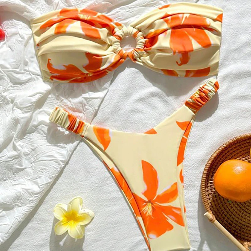 

Sexy Flowers Printed Bandeau Wrinkled Bikini Female Swimsuit Women Swimwear Two-pieces Bikini set Bather Bathing Suit Swim