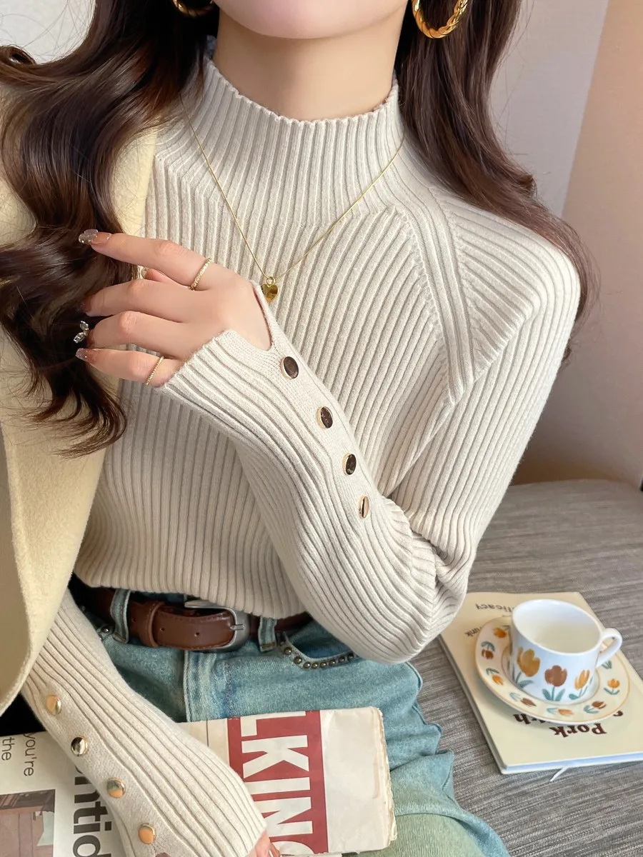 Autumn Winter Sweater Women  Pullovers Long Sleeve Tops Clothes Slim Knit Soft Jumper Streetwear Button Turtleneck Sweater