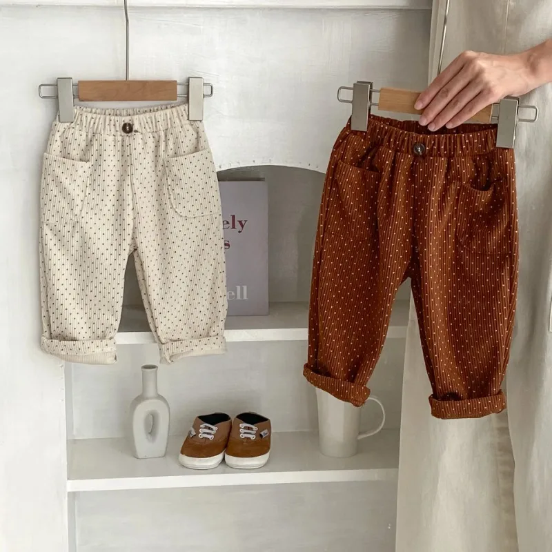 DGUKYM New Spring and Autumn Baby Children Boys and Girls Fashion Dot Print Corduroy Loose Relaxed Pants