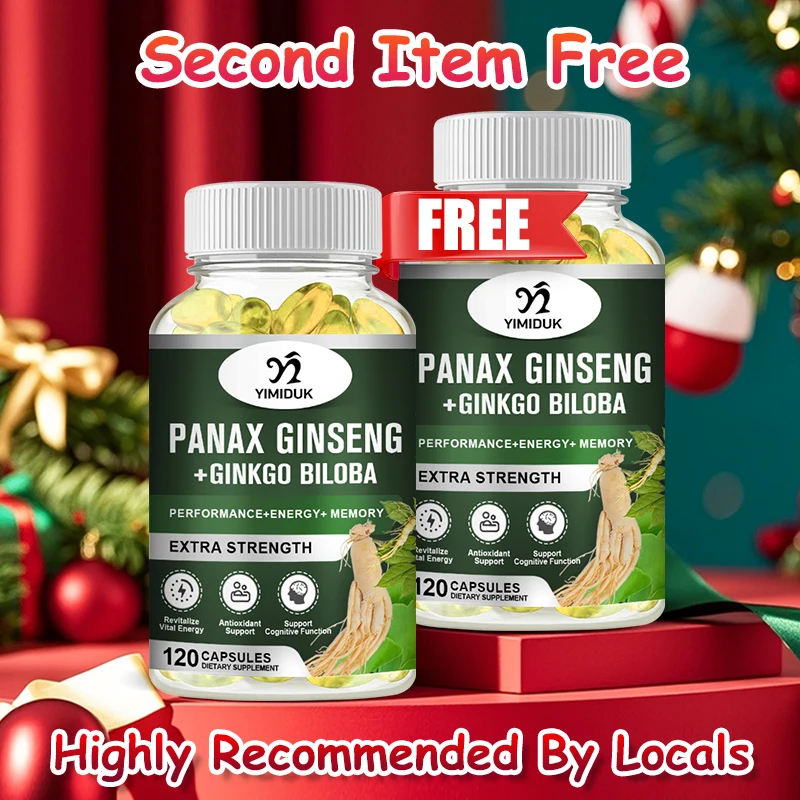 

Premium Ginseng + Ginkgo Biloba Extract Supplement, for Brain Power, Energy & Anti-Aging, Improves Blood Circulation, Non-GMO