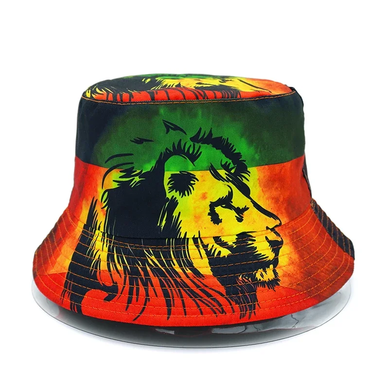 Rasta Lion Printing Bucket Hat Cartoon Pattern Fisherman Hats Double Sides Panama Cap Location Design Outdoor Hot Selling