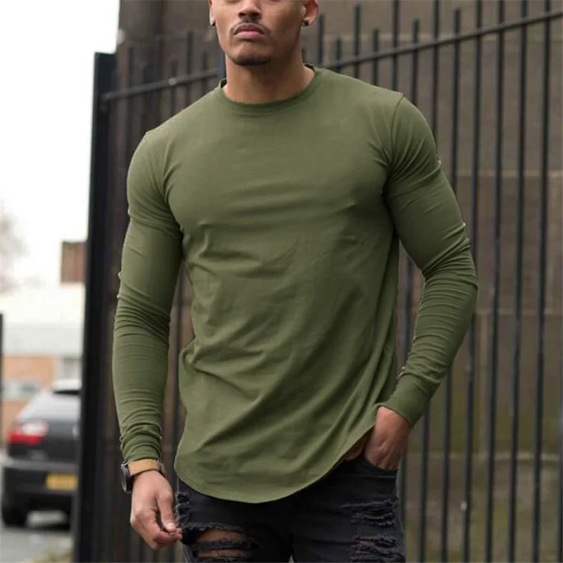 Plain Cotton Breathable Long Sleeve Clothing Gym Fitness Bodybuilding Sport T-shirts Mens Workout Casual Slim Fit Autumn Shirts