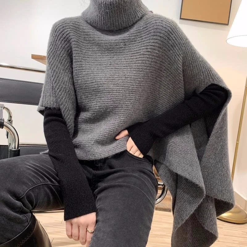 

Irregular design sense shawl long sleeve turnltneck solid Korean pullover high -necked fashion knitting sweater female tops