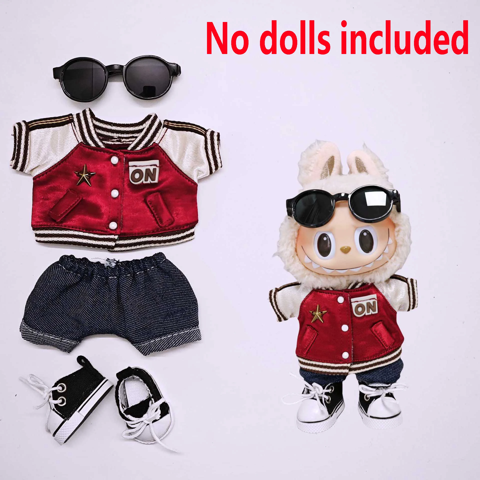 Roupas de bebê labubu de alta qualidade, 15cm - 17cm, jaqueta de beisebol vermelha, calças, conjunto de sapatos, roupas universais labubu