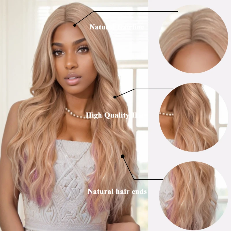 Blonde Wavy Wigs with Bangs for Women Middle Part Synthetic Curly Party Wig Use Daily Heat Resistant Fiber Hair