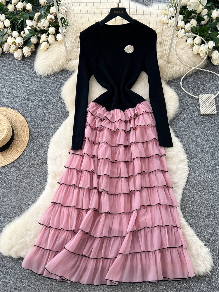 Vestido E de Manga Longa em Camadas Tricotado para Mulheres, Saia A-Line de Cintura Alta, Estilo Luxuoso para o Dia a Dia