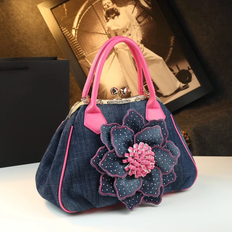 Luxury 2025 Fashion Denim Women's Handbags Large Capacity Flower Denim Diamond-Embedded Shoulder Crossbody Bags