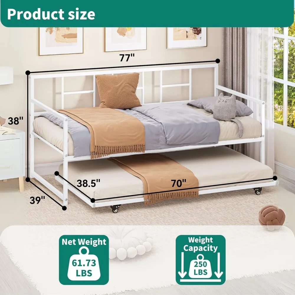 Daybed dengan Tempat Tidur Tambahan, Daybed Twin dengan Ketinggian yang Dapat Disesuaikan dan Tempat Tidur Tambahan yang Dapat Ditarik, Sofa Bed dengan Penyangga Bilah Baja untuk Li