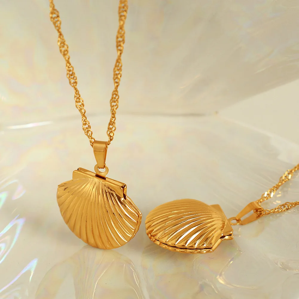 Keen-on Ocean Style Stainless Steel Metal Shell Pendant Necklace 18K Gold Color Plated Chain Collar Jewelry Gift