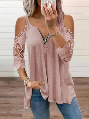 White Lace Patchwork Shirts Women Sexy Hollow Out Half Sleeve Blouse Female Elegant Fashion Casual Single Breasted Shirt Tops