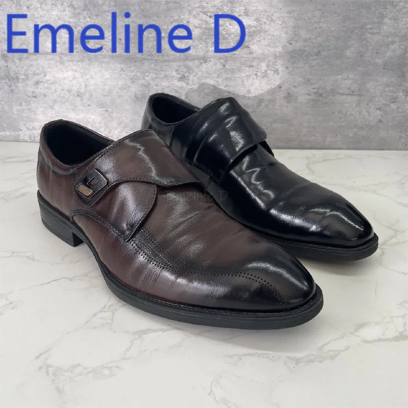 

Velcro Low Heeled Derby Shoes Fashionable Solid Color British Style Coffee Color Simple Pointed Business Casual Leather Shoes