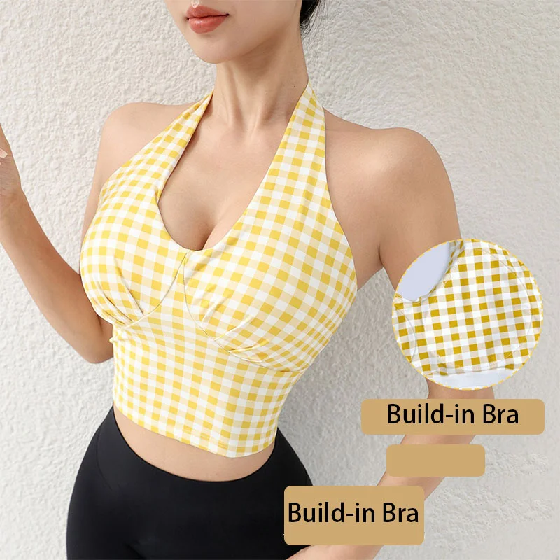 PofyBofy Plaid Yoga Halter Neck Bra Gym Build-in Bra Crop Top Fitness Crop Bras Sports Crop Tops Open Back Padded Tank Top