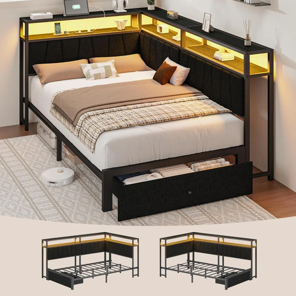 

Double Corner Bed Frame with Storage Drawers, Equipped with LED Lights and Charging Station, Metal Double Platform Bed Frame