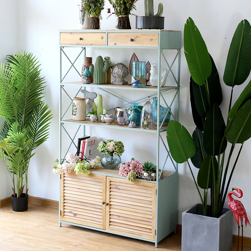 

Nordic simple rack baffle rack light blue small clear fresh air iron solid wood storage model room store