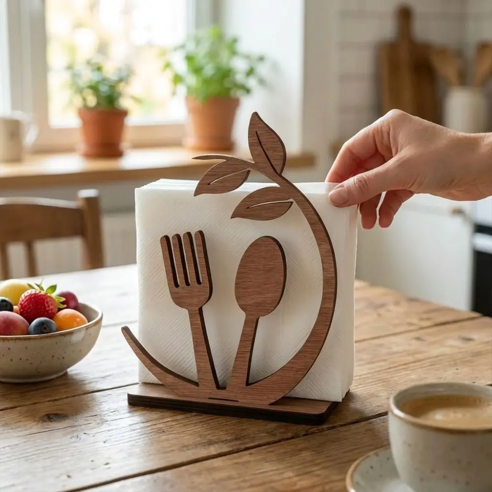 Rustic Wooden Leaf Napkin Holder Hollow Out Farmhouse Style Napkin Stand Decorative Sturdy Paper Towel Rack Kitchen Organizer