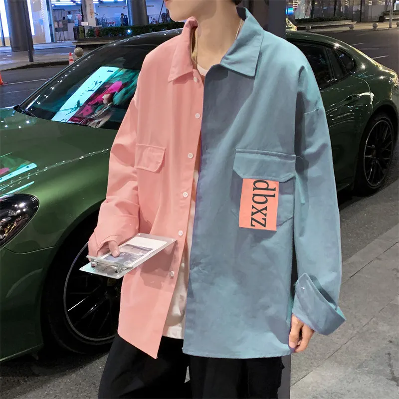 Loose Long Sleeve Men's Shirt Spring Autumn Trendy Color Block Couple's Casual Base Layer Shirt Youth Fashion Sharp Collar