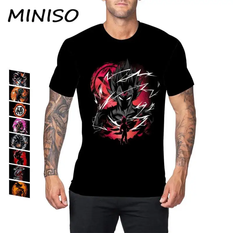 

MINISO Manga Cosplay Costume for Men Son Goku Black T-Shirt Japanese Anime Goku Novelty Tops Fashion O Neck Male Streetwear