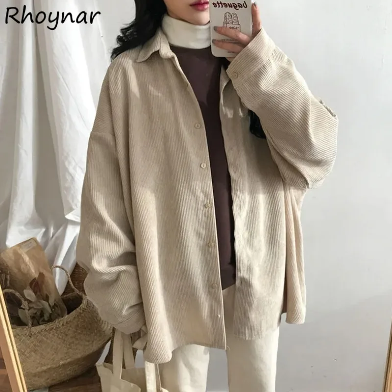 

Вельветовые рубашки с длинным рукавом, женские однотонные, простые, с отложным воротником, универсальные, повседневные, винтажные, шикарные, Ulzzang, Harajuku, на пуговицах, в стиле ретро