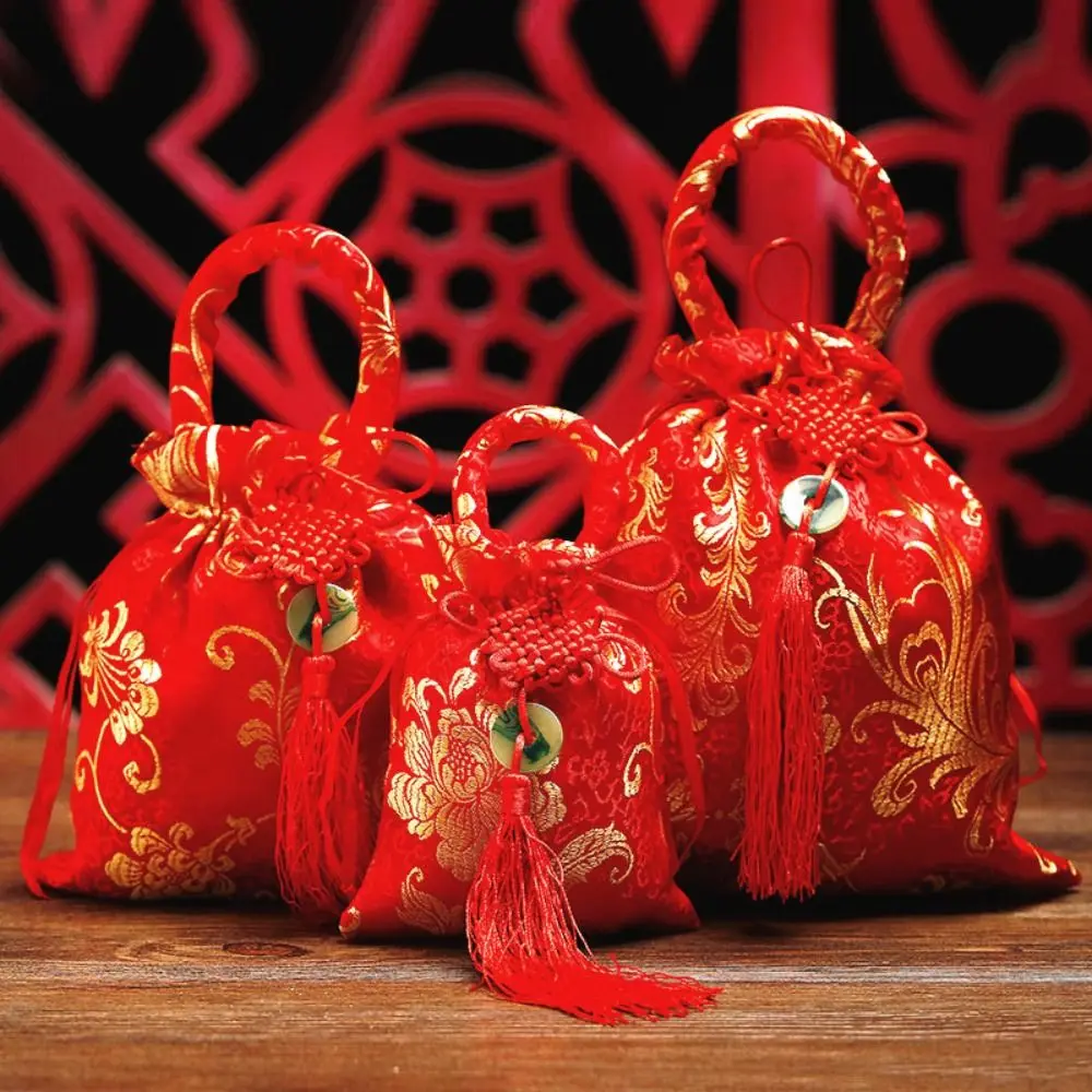 Canvas Festive Flower Drawstring Bag Chinese Knot Tassel Sugar Bag Wedding Large Capacity Handbag