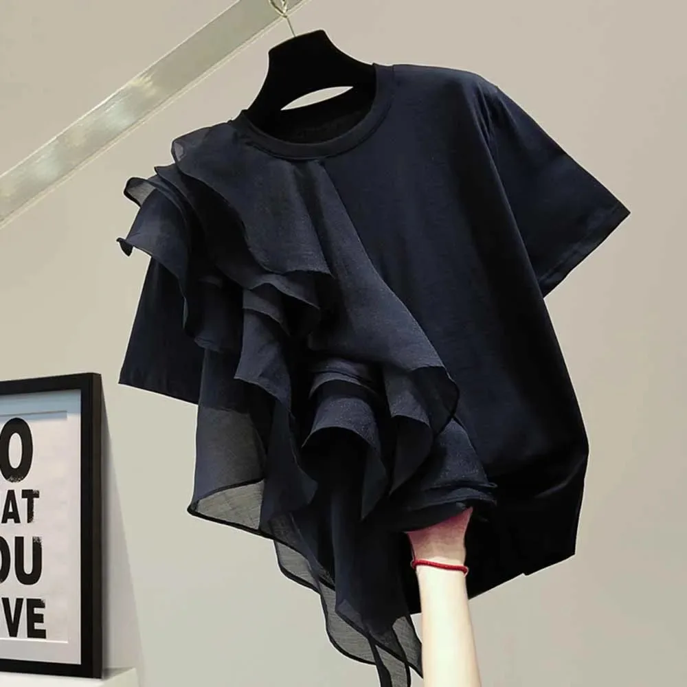 Patchwork Ruffle Black White Tops For Women O Neck Short Sleeve Casual T Shirt Female Fashion New Clothing 2025 Summer