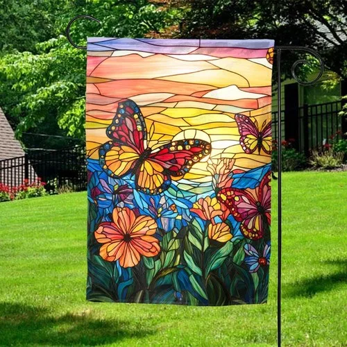 Butterfly Stained Glass Garden Flag Spring Floral Outdoor Decor ZZY