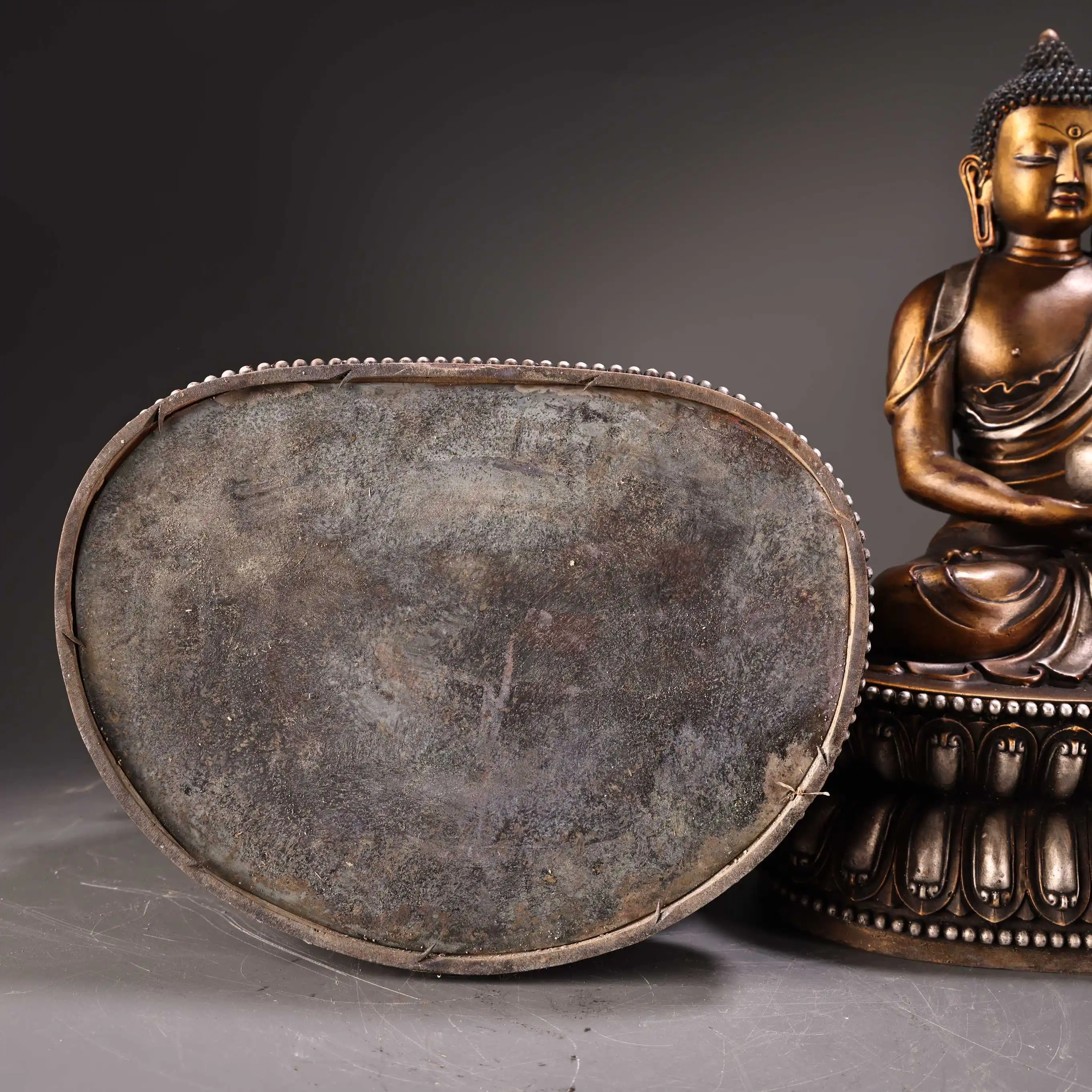 

13"Collection Old Bronze Outline in gold Silver Cinnabar Sambo Buddha Shakyamuni Medicine Buddha A Set Worship Hall