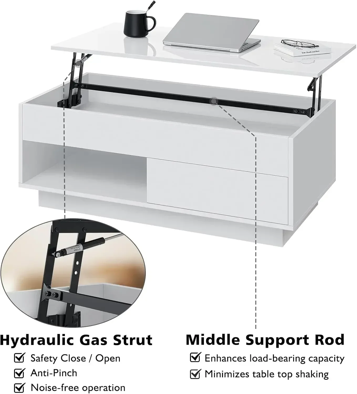 رفع طاولة القهوة العلوية مع تخزين طاولة القهوة LED الحديثة عالية اللمعان غرفة المعيشة 3 طبقات طاولة الشاي الحديثة مع التخزين #4
