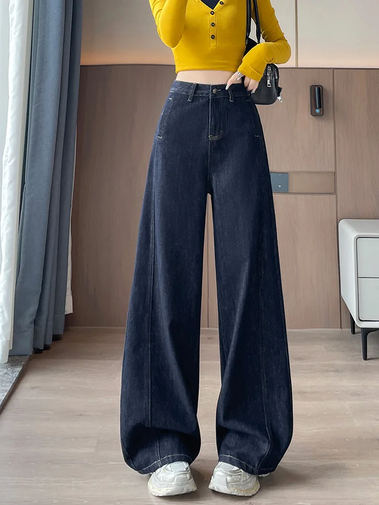 

2026 Синие широкие джинсы в стиле ретро, весна-осень, утягивающие свободные изогнутые узкие универсальные широкие брюки с высокой талией