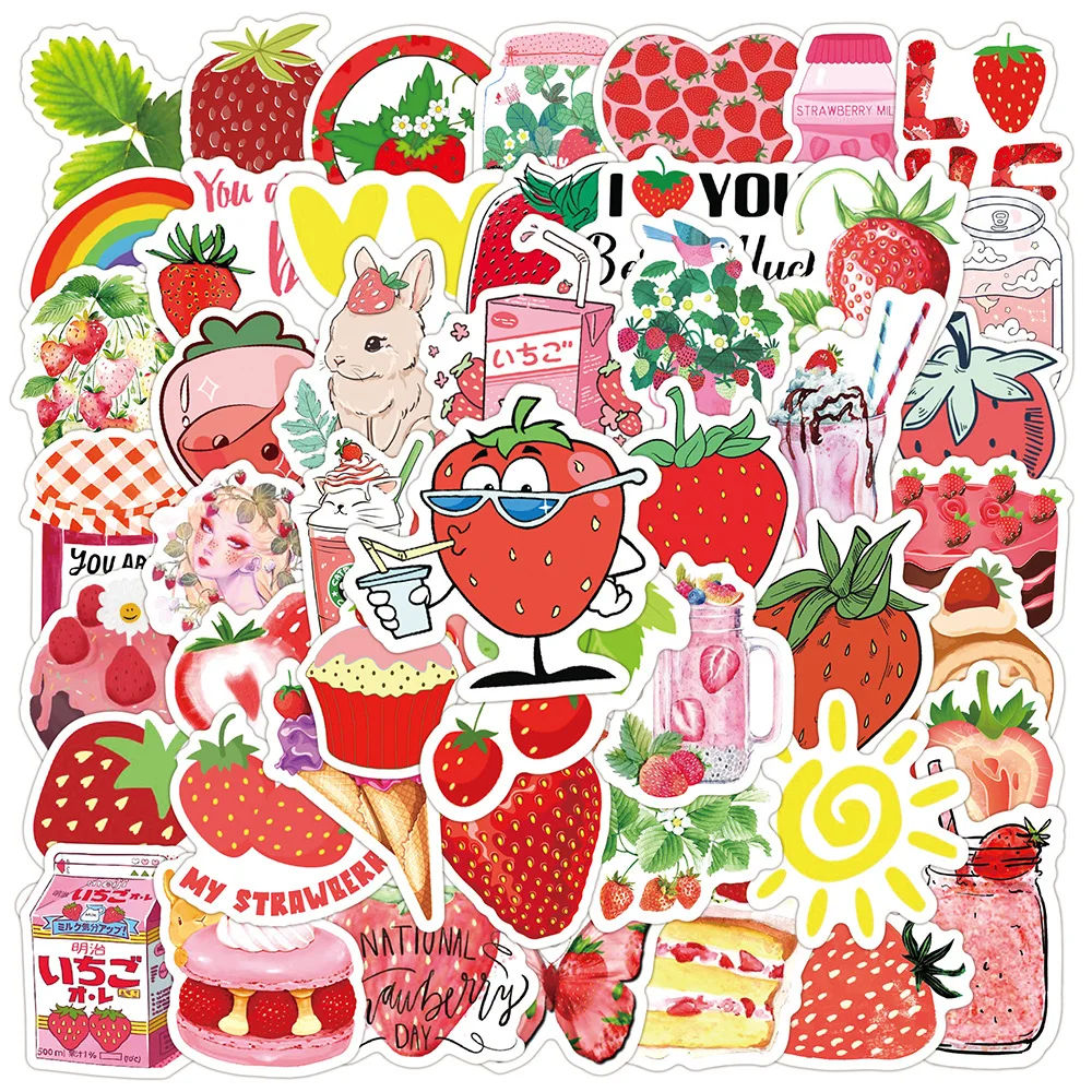 

50pcs Cute Strawberry Dessert Series Graffiti Stickers Suitable for Desktop Wall Decoration DIY Sticker Pack with Storage Box