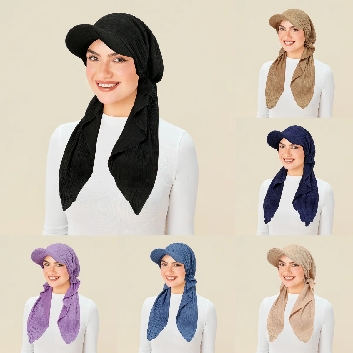 Nuovo Winkle Pre-Legato Cappello Musulmano Hijab Donne Bordo Visiera Foulard Turbante Cofano Islam Avvolgere la Testa Coda Lunga Copricapi Turbante Mujer