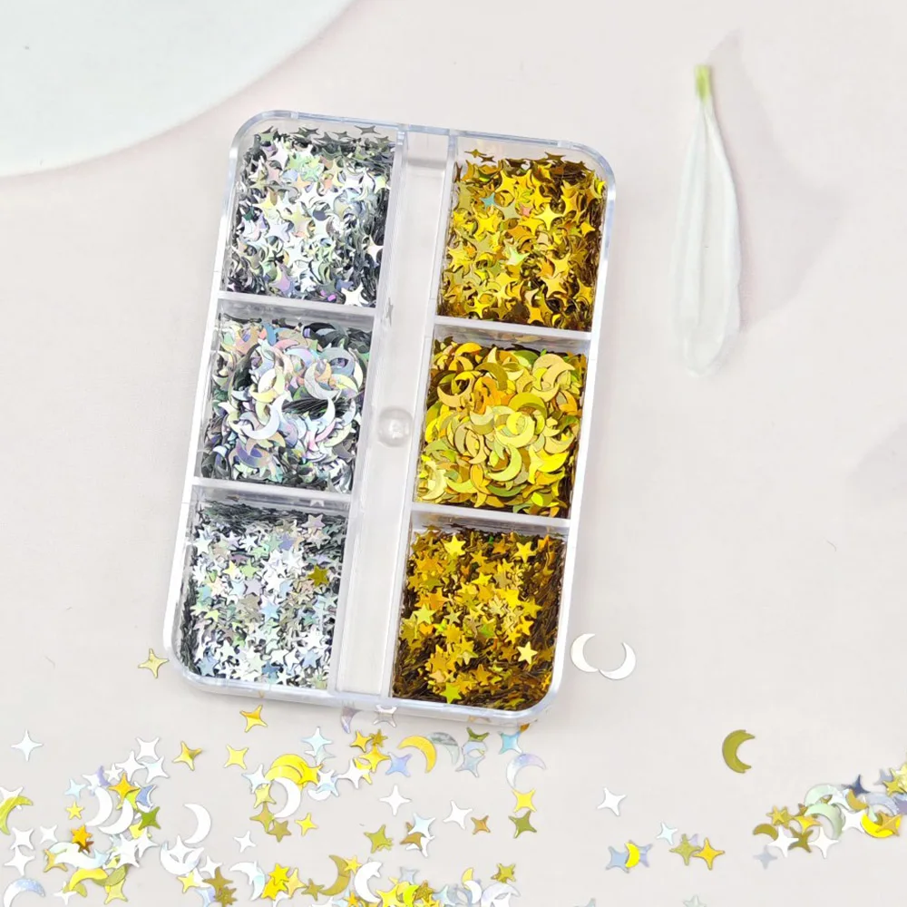 6그리드 글리밍 나이트스카이 네일 오너먼트 플레이크 크롬 홀로 실버 골드 스타 스팽글 세트 UV 젤 네일팁 메이크업 드롭 글리터 404