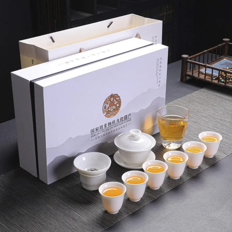 

Jade Fat Kung Fu Tea Set Household Ceramic Gaiwan Tea Cup Complete Set Chinese White Porcelain Tea Set Gift Box Wholesale
