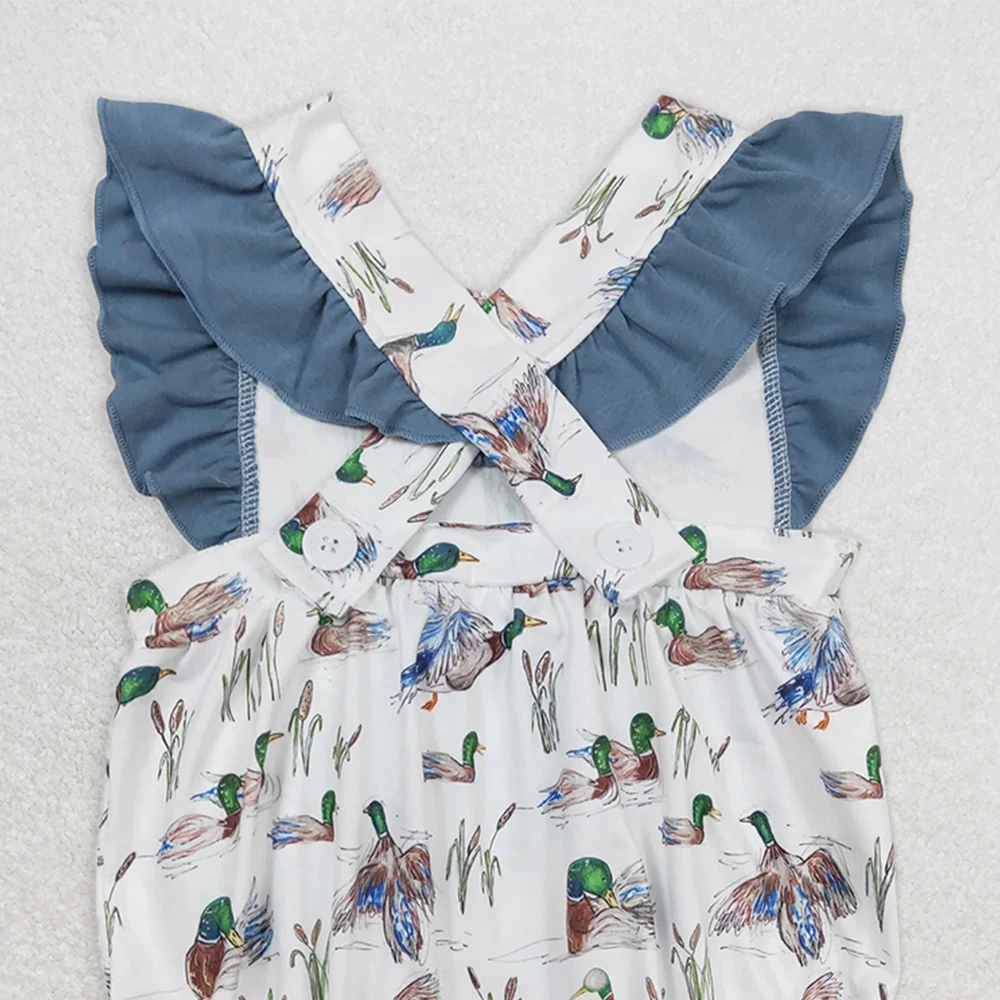Baby Girls Summer Romper with Duck Straps Ruffle And Flutter Sleeves Cute Duck Design Infant Girls' Summer Clothing