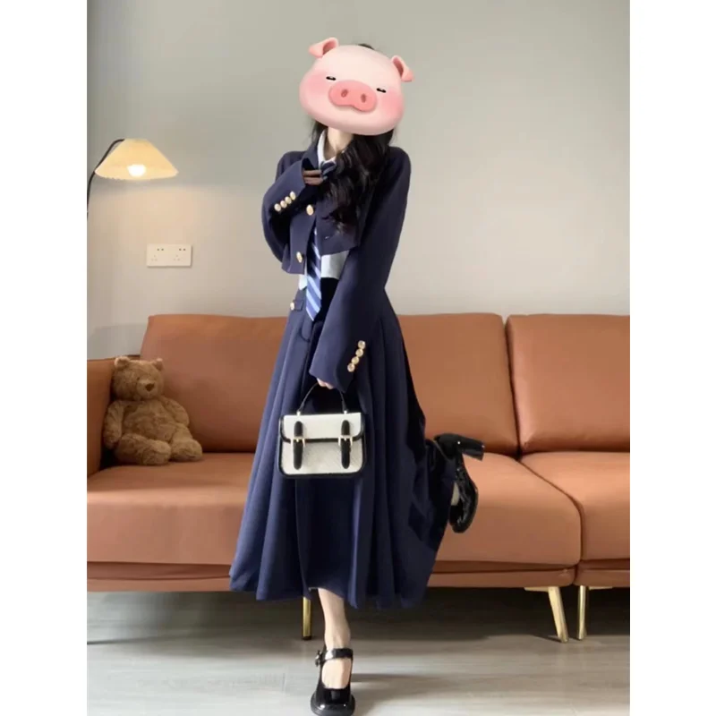 Korean Style Blue White Shirt Short Coat Slim Pleated Skirt Jk Suit Women's Autumn Fashion Schoolgirl Uniform Sailor Uniform