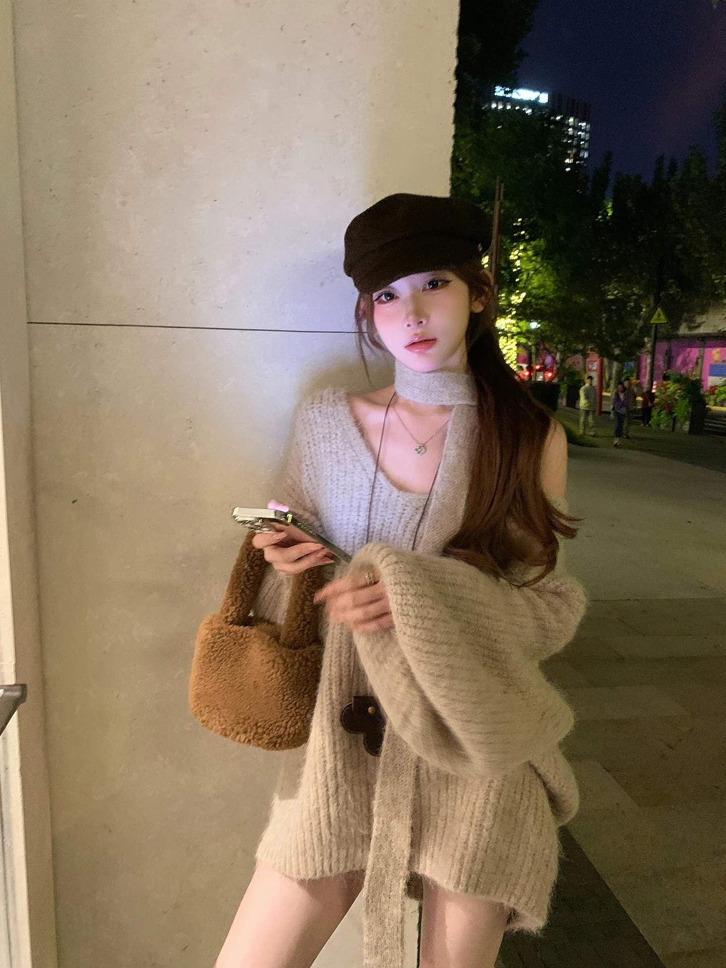 

Chen Dayau Women's Thiened Loose Knitted Sweater V-Ne oulder Bared Lantern Sve Long Sve Mid-Length Winter Warmth