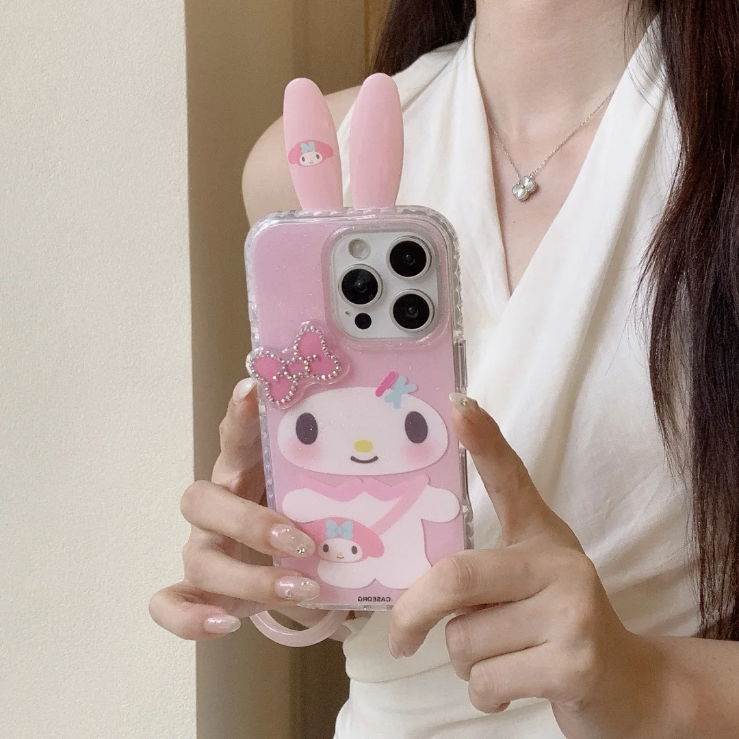 

Stereoscopic 3D Rabbit Ear leopard print Hellos Kittys Bow Sparkling Phone Case For iPhone 16 15 14 Pro Max Silicone Cover﻿