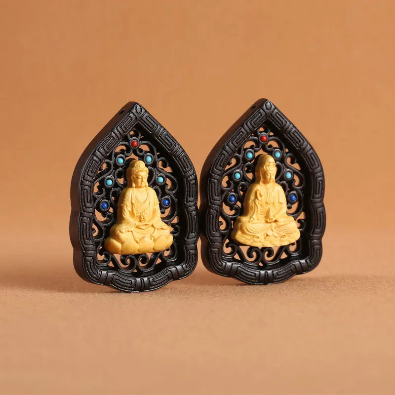 Natural Ebony Inlaid Boxwood Carving Guanyin Buddha Car Pendant Diy Accessories Crafts Gifts Good Lucky Backpack Prayer Charms