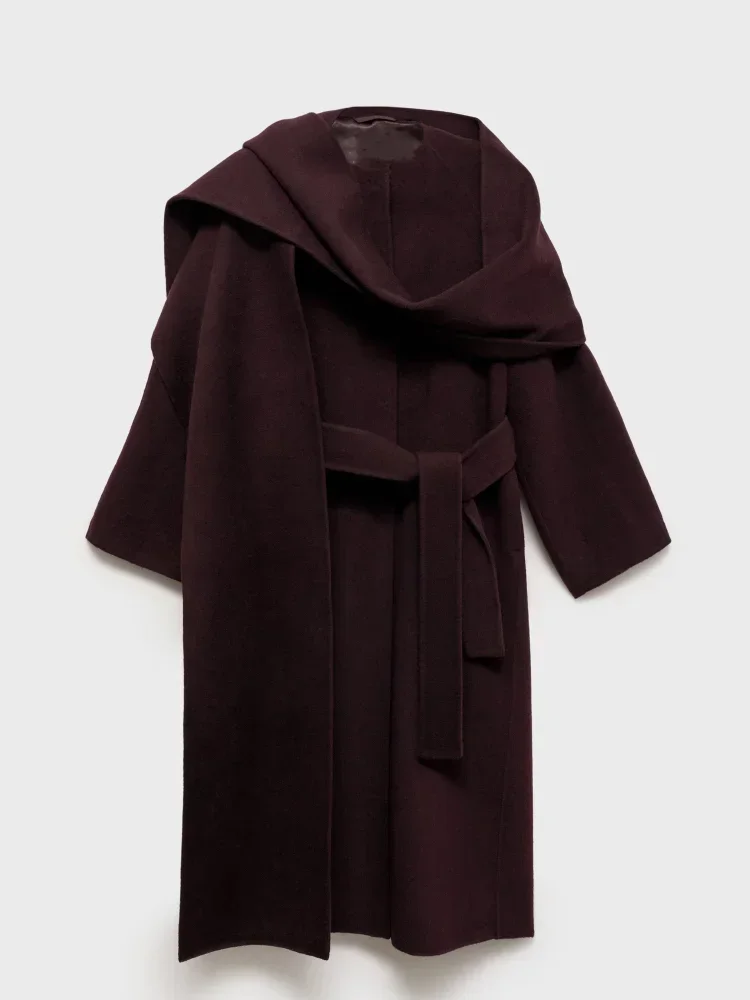 Fashion Burgundy Scarf Collar Wool Blend Overcoat Women Elegant Long Sleeve Belt Long Coat 2024 New Lady Chic Commute Outerwear