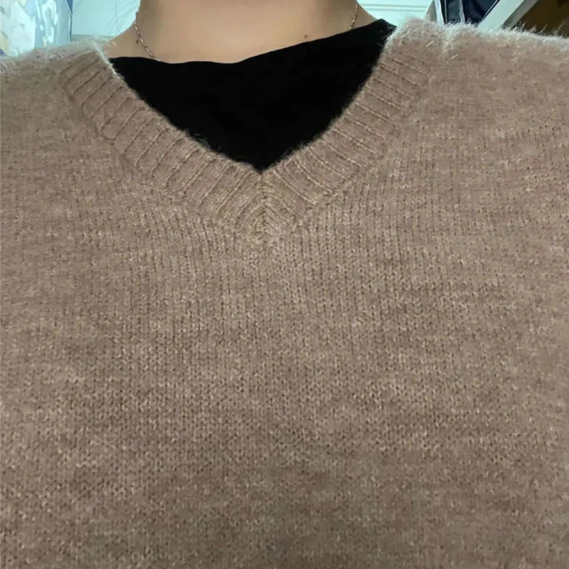 Suéter de punto liso para mujer, Jersey holgado informal con cuello en V, de gran tamaño, de manga larga, combina con todo