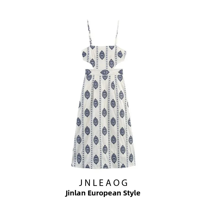 JNLEAOG Wiosna Nowa Kolekcja Damska Modna Sukienka Midi z Haftem i Wycięciami, Casualowa, Dopasowana w Talii, z Poliestru, Wyszczuplająca