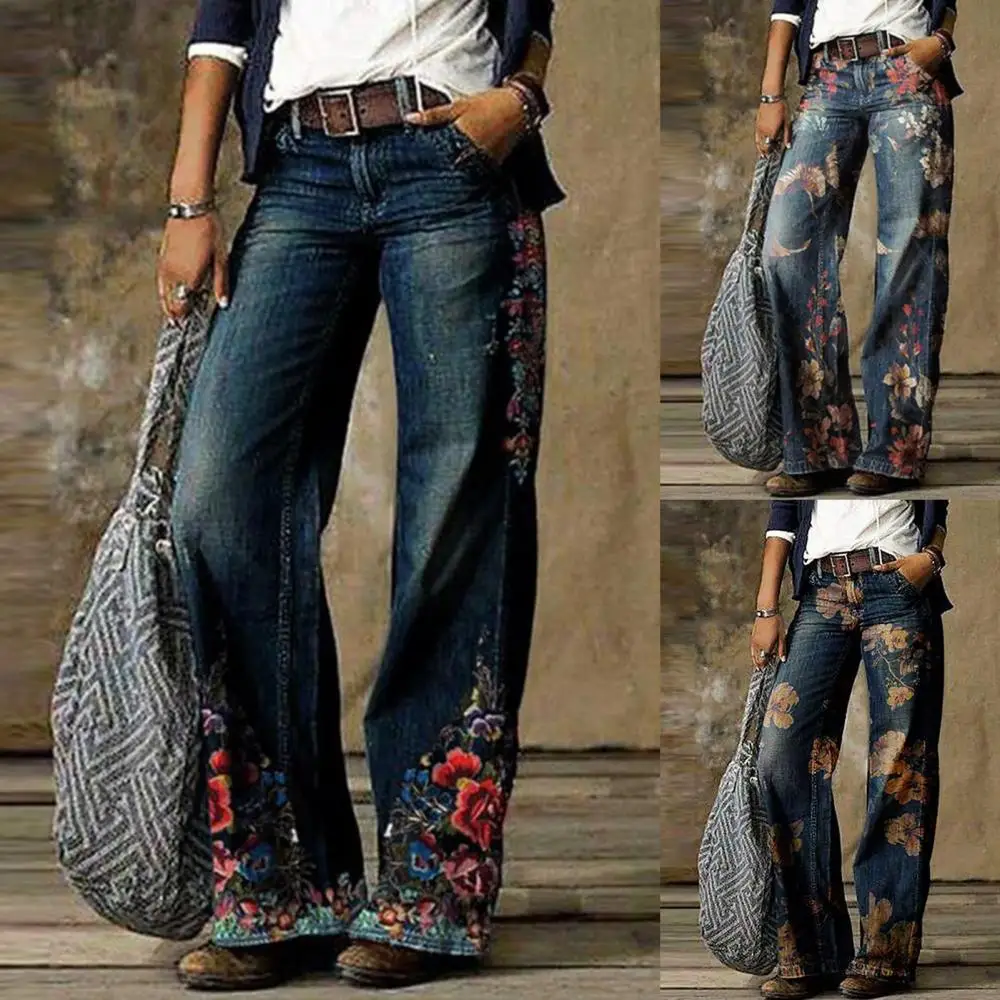 

High Waist Wide Leg Women Loose Pants Trousers Retro Long Floral Print Jeans Trousers