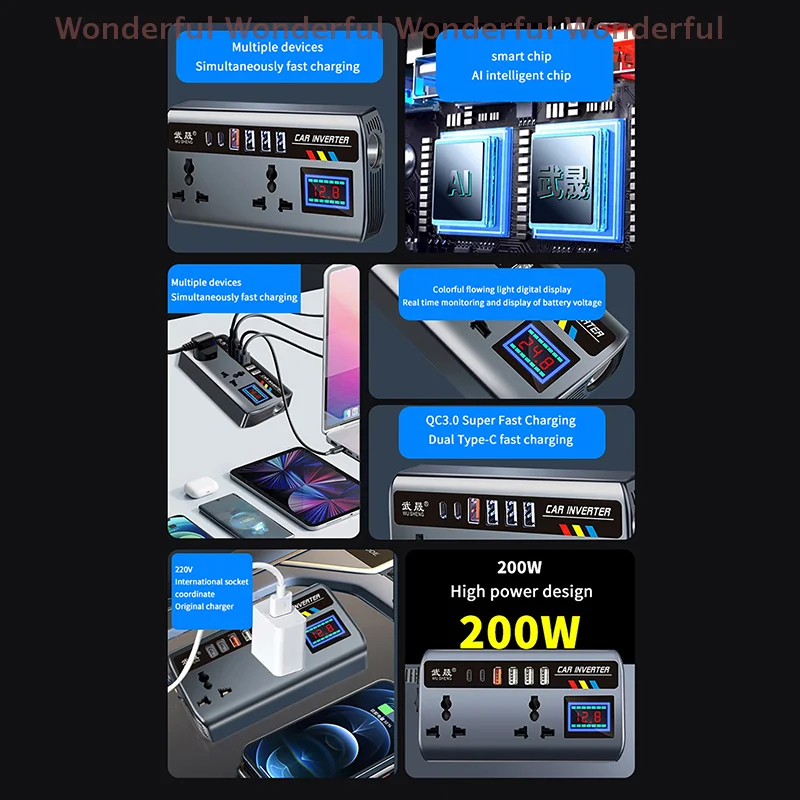 Motor Vehicle Inverter Adapter 12V/24V to DC220V 200W Multiple Charger Dock QC3.0 USB PD Type-C Rapid Charging - Image 3