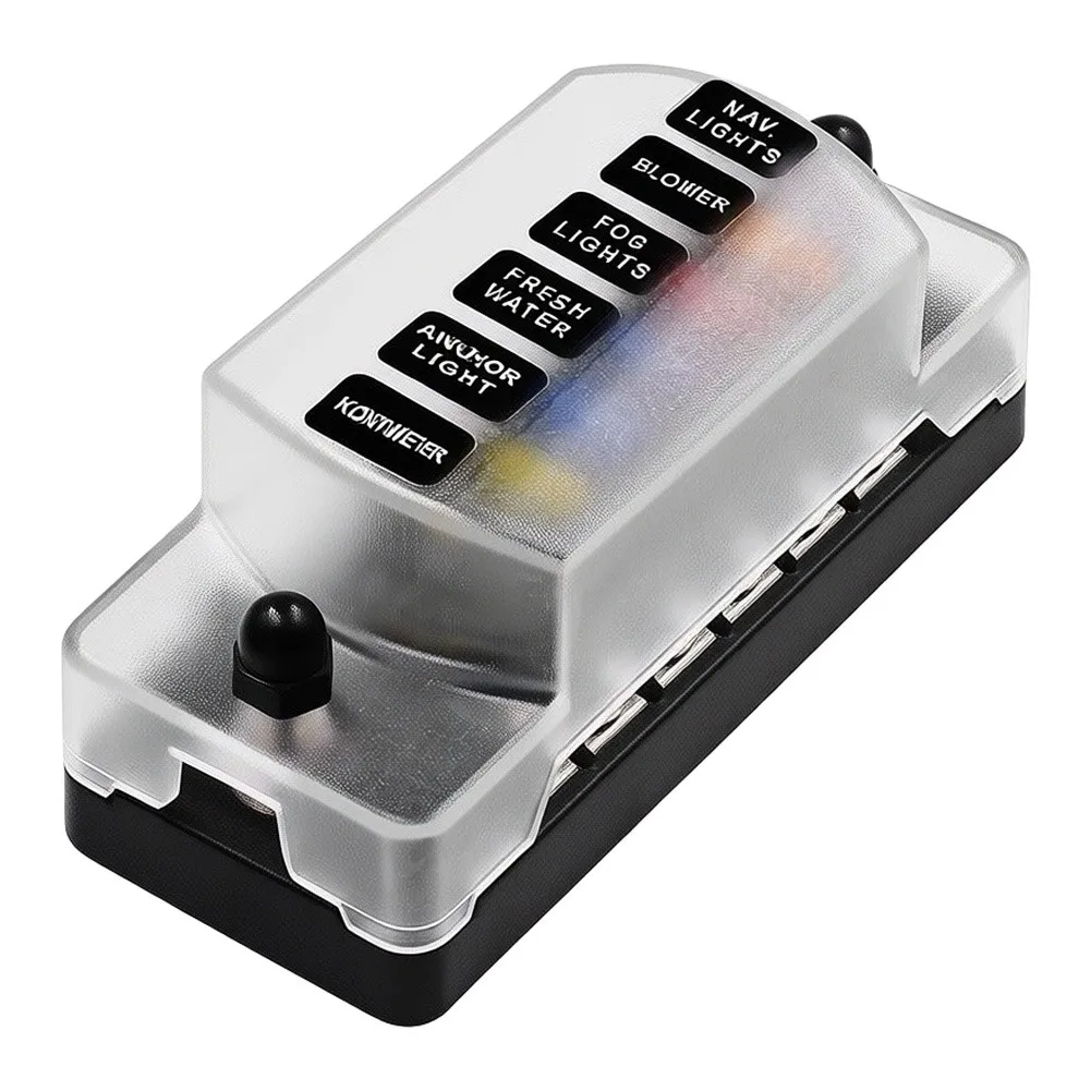 6 Circuit Automotive Fuse Box with LED Status Indicators for Cars For RVs Boats Yachts and Vehicle Electrical Systems