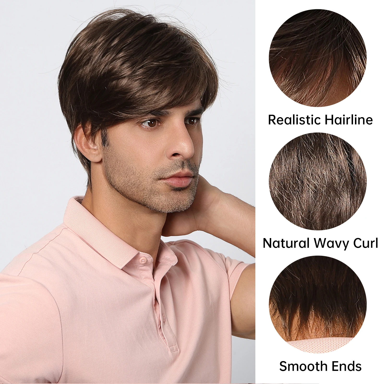 LOUIS FERRE Dark Brown Short Wig for Men Side Part Synthetic Layered Wig with Bangs Natural Looking Synthetic Hair for Daily Use